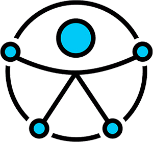 Uma figura simétrica conectada por quatro pontos a um círculo, representando a harmonia entre o ser humano e a sociedade, e com os braços abertos, simbolizando a inclusão de pessoas com todas as habilidades, em todos os lugares