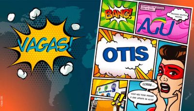 À esquerda da imagem, a palavra "vagas" aparece como uma onomatopeia. Do lado direito, tem uma página de histórias em quadrinhos com a onomatopeia "Bang", os logo da AGU e da Otis e uma mulher com máscara vermelha.