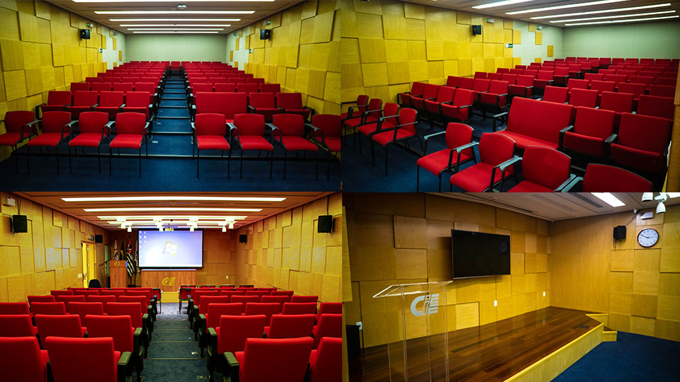 Vistas do auditório Olavo Setubal, que compõe de um palco, com equipamentos de áudio e vídeo, com capacidade para até 80 espectadores