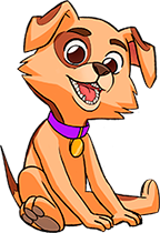 Um cachorro sentado de cor beje e com uma coleira roxa. Seu nome é Cãopliance / Criação CIEE