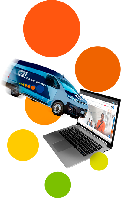 Carro do CIEE em Movimento com bolinhas coloridas ao fundo e um notebook aberto