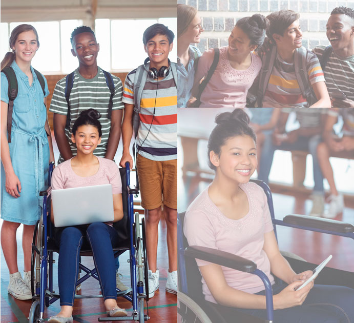 #PraCegoVer #ParaTodosVerem #DescriçãoDaImagem: Uma sequência de três fotos com as mesmas fotos em ângulos diferentes . Na primeira o ambiente é uma quadra de esportes da escola, do lado esquerda uma mulher jovem branca em pé com cabelos amarrados do tipo rabo de cavalo com vestido jeans em tom azul claro, tênis branco e mochila preta nos ombros, ao lado um jovem negro vestindo uma camiseta listrada em tom cinza e branco com mochila preta nas costas, ele está posicionado atrás de uma mulher jovem oriental que está sentada na cadeira de rodas, vestindo uma camiseta em tom cor de rosa e calça jeans e sapatilha e cabelos do tipo coque, está com um notebook aberto no colo, ao lado um jovem pardo de cabelos castanhos curtos vestindo uma camiseta listrada nas cores cinza, azul escuro, branco, vermelho e laranja, tem um fone de ouvidos grandes e mochila cinza nas costas. Ele segura na cadeira de rodas da jovem oriental que está posicionada à sua frente, as barras de apoio da cadeira de rodas são da cor azul . Todos estão sorrindo na foto. Na segunda foto, estão atrás de uma parede de tijolos e está desfocada, as mesmas pessoas estão em meio corpo,na sequência da esquerda para a direita:  o jovem negro com camiseta listrada em tom cinza e branco, com mochila preta em um ombro só, ao lado o jovem pardo de cabelos castanhos curtos vestindo uma camiseta listrada nas cores cinza, azul escuro, branco, vermelho e laranja, ao lado uma jovem oriental vestindo uma camiseta em tom cor de rosa e cabelos do tipo coque, ao lado a jovem branca com vestido jeans azul claro com mochila nas costas preta. Todos eles estão abraçados um ao lado do outro sorrindo. Na terceira foto de close, uma mulher jovem oriental que está sentada na cadeira de rodas, vestindo uma camiseta em tom cor de rosa e calça jeans e sapatilha e cabelos do tipo coque, está segurando um tablet com as duas mãos, as barras de apoio da cadeira de rodas são da cor azul. Fim da descrição.