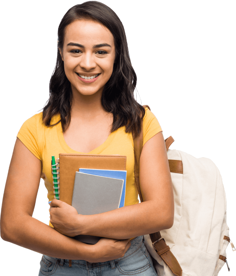 Garota jovem estudante com mochila segurando cadernos
