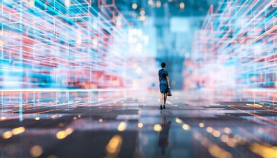 Mulher em pé sob perspectiva futurista, com mistura de cores ao fundo