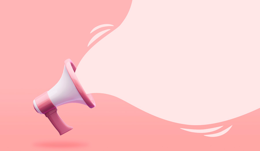 Ilustração de um megafone rosa e branco flutuando e com onda em tom rosa claro