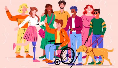 Ilustração em fundo rosa com oito pessoas, de gêneros e raças diferentes, com e sem deficiência e um cão guia