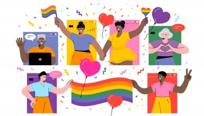 Desenho com bandeiras LGBTQIA+ e pessoas de mãos dadas