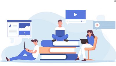 Ilustração em tons de azul escuro e azul claro mostram três estudantes. O da ponta esquerda está sentado com um notebook na perna e encostado em uma três livros, o que está centralizado na imagem está sentado nos livros, também com notebook no colo e na ponta esquerda está uma estudante sentada em uma cadeira laranja com o notebook no colo