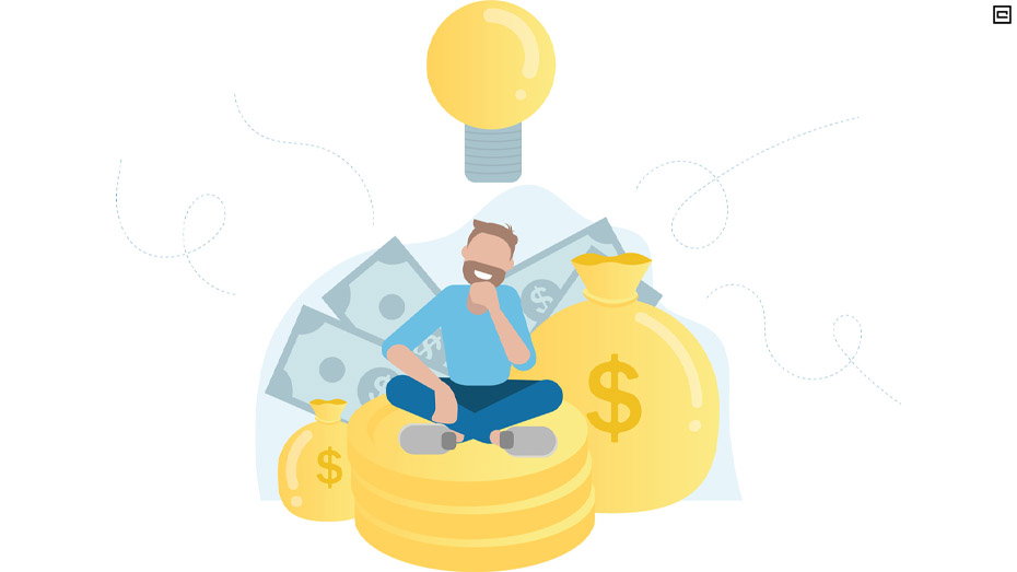Desenho valorizando a educação financeira, com menino sentado em moedas e encostado em saco de dinheiro