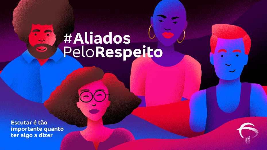 Arte com fundo com tons em roxo. Da esquerda para direita tem a representação de um homem negro com barba, blackpower e camisa azul, seguido por uma mulher parda com cabelo encaracolado curto, óculos, e blusa roxa, seguido por uma mulher com coloração de pelo azul, careca, argolas douradas, e blusa rosa. Por último um homem de coloração de pele azul, cabelo ruivo e regata roxa. Em destaque está escrito na imagem: # aliados pelo respeito. Abaixo no canto esquerdo está escrito escutar é tão importante quanto ter algo a dizer