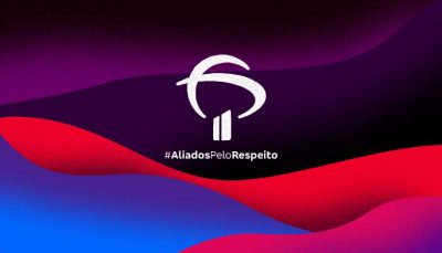 Ilustração em tons de roxo, vermelho, azul e rosa. No centro está o logo do banco Bradesco. Abaixo está escrito com a hashtag aliados pelo respeito em branco