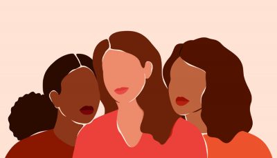 Desenho de três mulheres morenas, com cabelos grandes, em tons de rosa e marrom