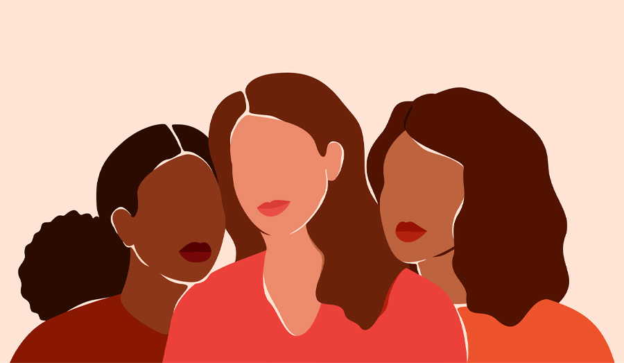Desenho de três mulheres morenas, com cabelos grandes, em tons de rosa e marrom