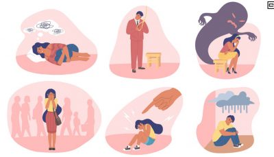 Ilustração que mostra situações de tristeza, depressão, ansiedade e falta de amparo