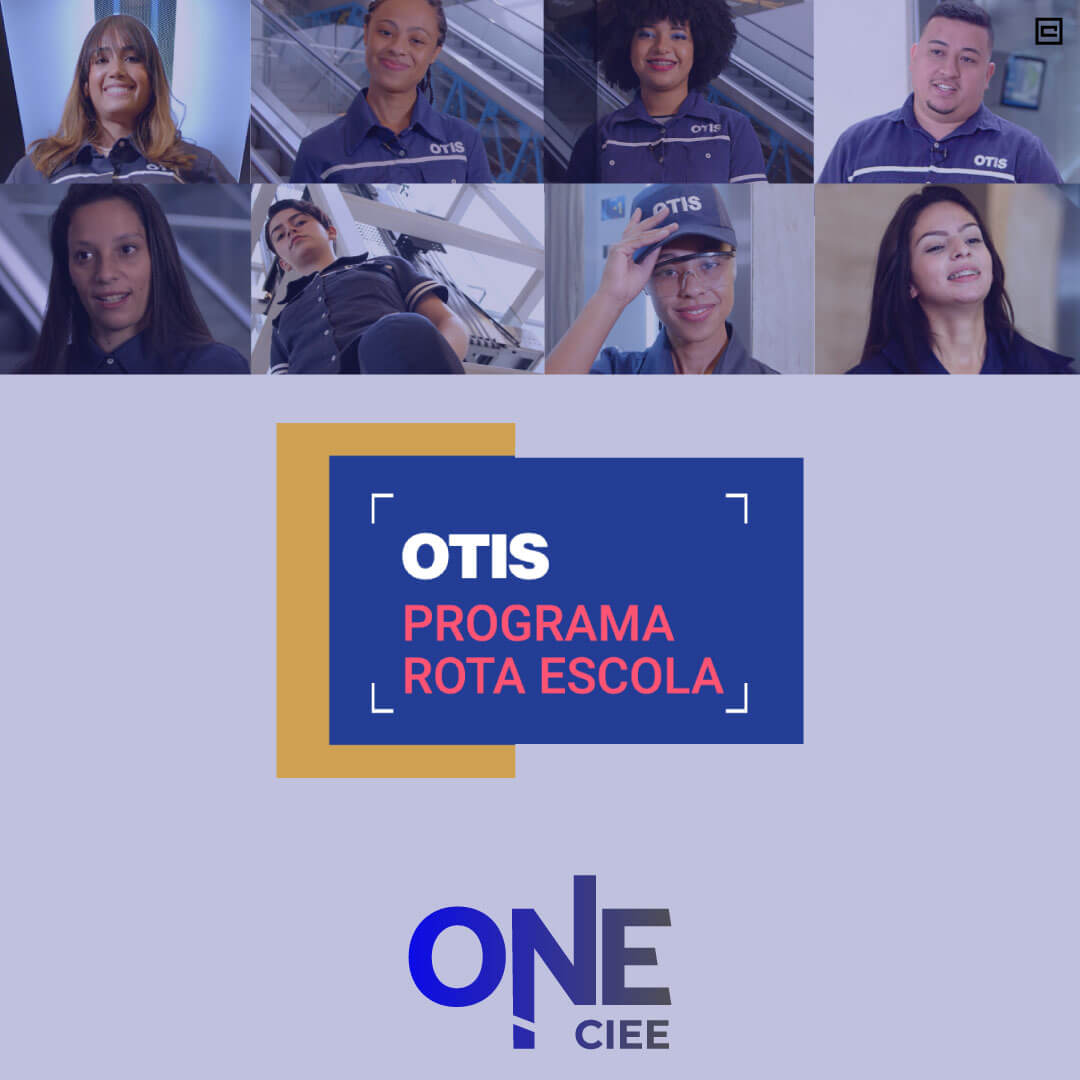8 fotos de pessoas que participam do programa de est&aacute;gio da empresa otis, uma ao lado da outra e logo abaixo quadro informativo do programa de est&aacute;gio da Otis.