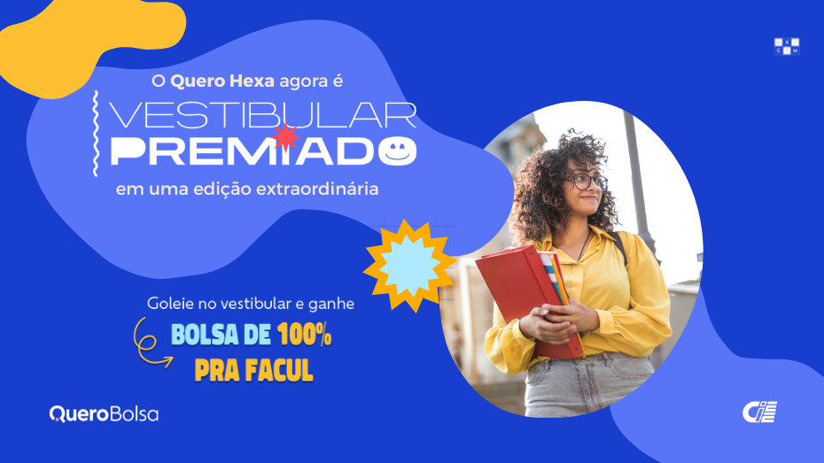 Imagem com fundo azul e em destaque ao lado esquerdo é possível ver a imagem de uma jovem com livros nas mãos. Está escrita a frase: 