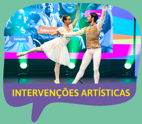 Balão de conversa com foto de crianças tocando bateria com o texto "Intervenções artísticas"