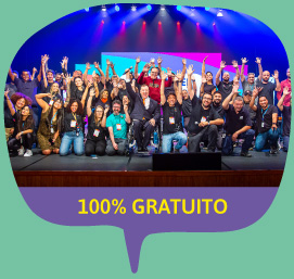 Balão de conversa com foto de muitas pessoas levantando os braços no palco com o texto "100% gratuito"