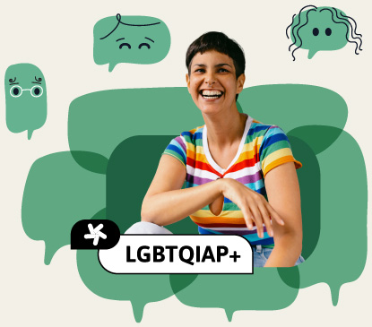 Foto de uma mulher vestindo uma camisa com as cores do arco-íris, rodeada por ícones de balões de conversa na cor verde, representando o pilar "LGBTQIAP+"